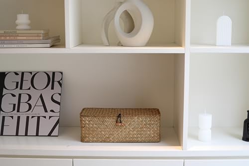 DOKOT Seagrass Woven Storage Basket with Lid, Rectangular Narrow Tampon Toilet Tank Organizer - color: 3 Section with Lid