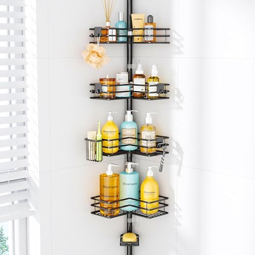 HapiRm Corner Shower Caddy Organizer - Shower Organizer Corner with Soap Holder, Toothbrush Holder and 4 Hooks, Rustproof Bathroom Shelf Tension Pole Available for 27.6 to 108.3 Inch - Black - color: Black