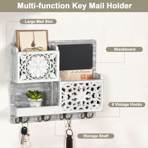 Mail Organizer Wall Mounted, 2 Slots Key Holder for Wall with 8 Hooks, Rustic Wood Key Rack with Shelf for Entryway Hallwall Farmhouse - size: Large