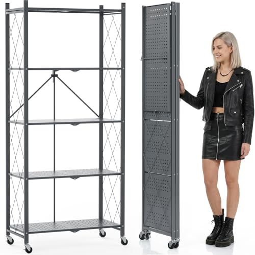 DEANIC 70.7" Tall Extra Large 5-Tier Folding Storage Shelf with Wheels, No Assembly Collapsible Metal Rack with Leveling Feet for Garage, Pantry, Basement, Vendor Display, Kitchen(Gray,1 Pack) - color: Grey