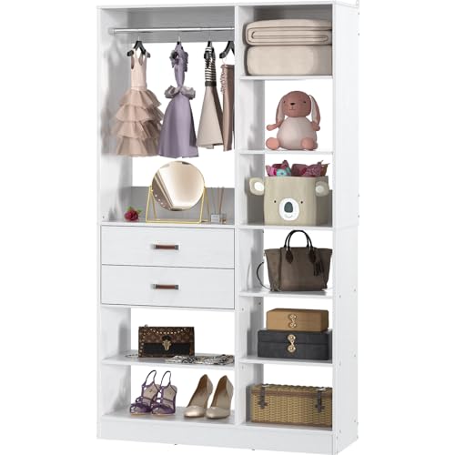 Armocity Freestanding Closet System, 40 Inches Stand-Alone Wardrobe with 10 Shelves, 80'' Height Adjustable Cloth Garment Rack with 2 Wood Drawers, Wood Walk-in Closet with Hanging Rod, White - color: White