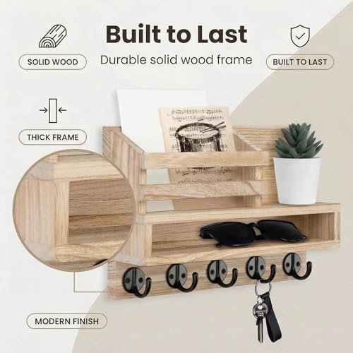 Wall Key Rack - Mail Organizer with 5 Key Hooks, Paulownia Wood, 11.8x7.1 Inches, Apartment Wall Decor, Installation Accessories Included (Light Burn Color) - color: Light burn color
