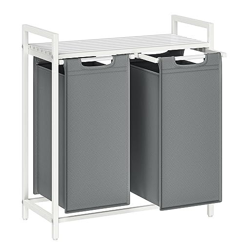 VASAGLE Laundry Hamper, Laundry Basket, Laundry Sorter with 2 Pull-Out and Removable Bags, Shelf, Metal Frame, 2 x 12.1 Gallons (46 L), 28.8 x 13 x 28.4 Inches, Slate Gray and Cloud White UBLH201W11 - color: Slate Gray + Cloud White, size: 2 Bags - 92 L