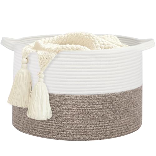 Large Laundry Basket 22''x14''Woven Cotton Rope Baby Blanket Basket for Living Room Girl Laundry Hamper Toy storage Baby basket Nursery Hamper Storage Bin (White+Brown) - color: White//Brown, size: 100L