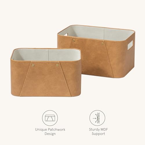 La Jolie Maison Storage Baskets for Organizing, 2 Pack, Storage Cube Boxes Luxury Brown Vegan Leather for Closet Shelf Cabinet Bookcase Camel - color: Camel