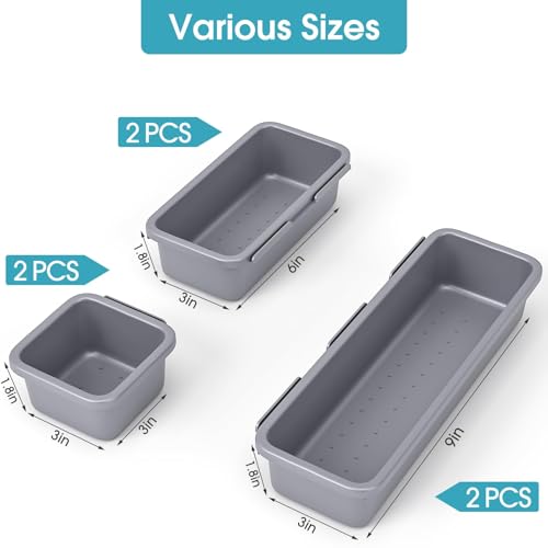 6 PCS Drawer Organizer Set, 3 Size Makeup Drawer Divider Organizer With Non-Slip Pads, Interlocking Plastic Storage Bins for Office,Jewelry Vanity,Gadgets, Bathroom,Kitchen, Grey - color: Grey, size: 6Pack