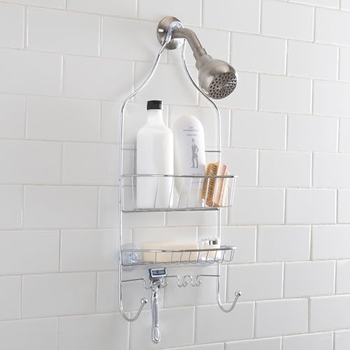 Bath Bliss Design Chrome, Resistant, 2 Tier Contoured Caddy, Over The Shower Head, Rust Proof, Bathroom Organizer with Hooks for Hanging Razor, Sponge, Shampoo Holder (Model: 4662)