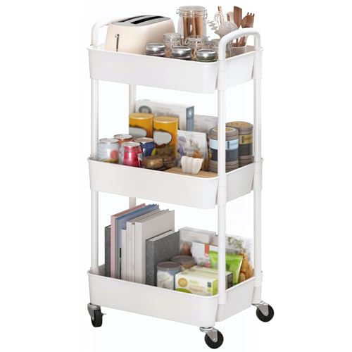Sywhitta 3-Tier Plastic Rolling Utility Cart with Handle, Multi-Functional Storage Trolley for Office, Living Room, Kitchen, Movable Storage Organizer with Wheels, White - color: White, size: 3-tier
