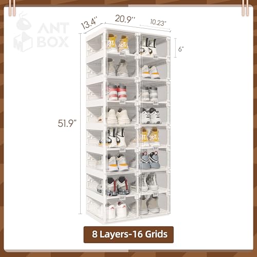 ANTBOX Foldable Shoe Rack,Shoe Organizers for Closet Plastic Shoe Storage Box Space Saving for Entryway, Large Sturdy Stackable Sneaker Cabinet Bins with Magnetic Clear Door 8 Tiers 16 Pairs - color: Clear, size: 8 Tiers 16 Pairs