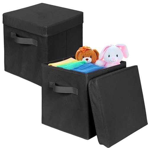 ShellKingdom Storage Bins, Foldable Fabric Storage Cubes with Lid, Clothes Storage Organizer Drawer For Closet Toys Storage, 10.5 X 10.5 X 11 INCH, 2 Pack (Black) - color: Black, size: 11 inch (2 Pack)