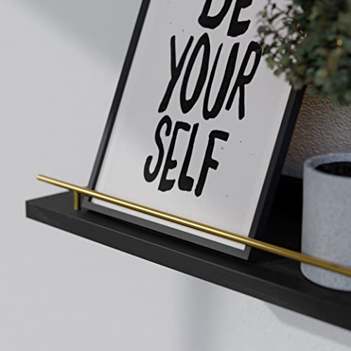 WOPITUES Floating Shelves 24 inch with Gold Metal Guardrail, Shelves for Wall Decor Set of 3, Wall Shelves for Bedroom, Bathroom, Kitchen, Living Room, Plants, Picture Frames, Art- Black and Gold - color: Black and Gold, size: 23.6 inch