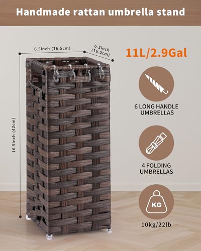Rattan Umbrella Stand, Umbrella Holder for Entryway, Hand Woven Umbrella Rack Organizer Freestanding, with a Detachable Drip Tray, 4 Hooks, 6.5" L x 6.5" W x 16.5" H, Brown - color: Brown, size: S(6.5" L x 6.5" W)