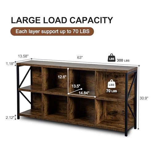 8 Cube Storage Organizer Bookshelf, Industrial Horizontal Bookcase, Accent Cubby Shelf, Media Console Table for Living Room, Home Office, 13.6" D x 63" W x 30.9" H, Rustic Brown - color: Rustic Brown, size: 8 Cube- 2 Tier