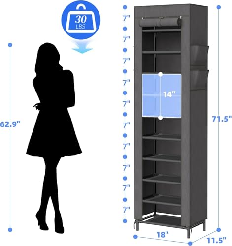 Simple Trending Narrow Shoe Rack with Cover, 10 Tier Shoe Organizer Storage, Tall Free Standing Shoe Cabinet Holds 20 Pairs for Closet, Black - size: 10 Tiers Narrow with Cover, Black