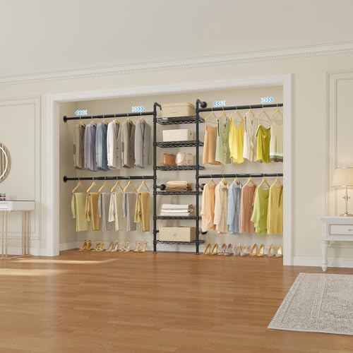 Timate S3X Medium Expandable Wall Mounted Closet System, Heavy Duty Clothes Rack with 6 Adjustable Metal Shelves & 4 Hanger Rods, Closet Organizers and Storage Fits Spaces 5'3"- 8', Black - color: Black, size: S3X Medium