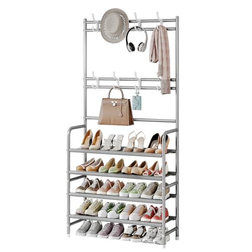 Coat Rack Shoe Rack With Storage Shelf Freestanding with 8 Hooks for Entryway Bedroom Closet 4 Tier, Grey - color: Grey