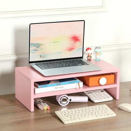 TEAMIX 2 Tiers Pink Monitor Stand Riser, Desktop Stand with Keyboard Storage Small TV Stand Laptop Wooden Desk Organizer Cute Shelf (Pink, 2 Tiers) - color: Pink
