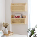 FIRADE Wood Magazine Wall Rack with PE Rattan Grid,Size 17.3" x 4" x 9.4",File Holder For Entryway,Living Room,Waiting Room,Kids’ room,Office