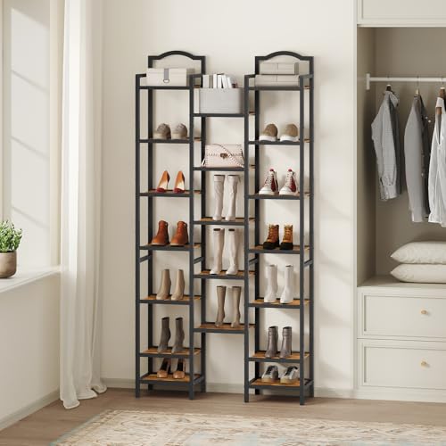 YATINEY 12-Tier Tall Shoe Rack, Vertical Shoe Organizer for Small Spaces, Wooden Shoe Shelf for Entryway, Space Saving Shoe Storage, Holds 12 Pairs of Shoes, Rustic Brown and Black SS52BR - color: Rustic Brown + Black, size: 11" x 11" x 85.8"