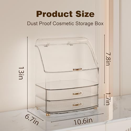 Makeup Organizer Countertop Vanity with Transparent Lid Drawers Waterproof Dustproof Cosmetic Skincare Bathroom Storage Gift for Women Teens Girls (Clear Whtie) - color: Clear Whtie