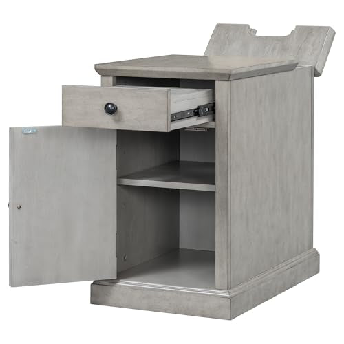 Multifunctional Classic Vintage End Table with USB Ports and 1 Drawer with Cup Holders, Sofa Side Narrow Table with Storage, Bedside Nightstand for Living Room Bedroom (Antique Gray-4.3) - color: Antique Gray-4.3