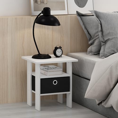 Furinno Andrey Side Table, End Table, Night Stand with Open Shelves and Storage Bin, Bedside Table, for Living Room, Bedroom, White - color: White/Black, size: 1-Pack, Center Bin