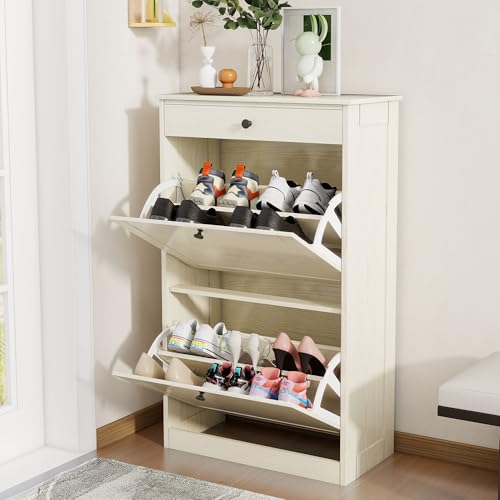 FTZxHKLX Shoe Cabinet with 2 Flip Drawers, Slim Freestanding Hidden Shoe Organizer with Drawer, Pet-Proof Shoe Storage Cabinet for Entryway Living Room Behind The Door, Light Oak - color: Light Oak, size: 1pcs