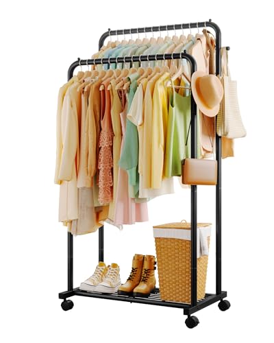 Sakugi Clothes Rack - Double Rods Clothing Rack with Mesh Shelf, Hooks & Wheels, Metal Clothing Racks for Hanging Clothes & Bags, Multifunctional Garment Rack for Laundry, Black, 28.7" x 16.5" x 59.1" - color: Black, size: Large 28.7"W x 16.5"D x 59.1"H
