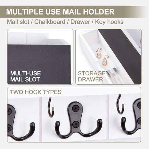 Mail and Key Holder Wall Mount with Storage Drawer – Modern Wooden Mail Organizer for Wall Entryway, 7 Key Hooks & Chalkboard Panel – Stylish Home Decor for Apartments, Living Room, Office - color: White