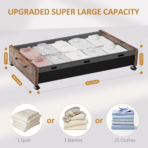 Under Bed Storage with Wheels, Rolling Underbed Storage Drawers, Wooden Under the Bed Storage with Remove Lid, Large Metal Storage Bins for Shoes Blankets Clothes Bedrooms Dorms (Vintage Brown-2pack) - color: Vintage Brown-2pack