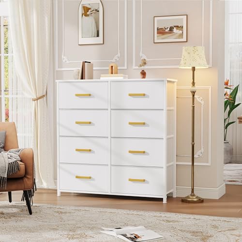 DWVO Fabric Dresser for Room, Tall Storage 8 Drawers, Black Dresser & Chest of Drawers, Storage Drawer Organizer for Closet, Living Room - color: White, style: 8-Drawer