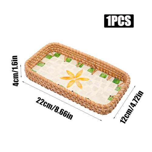 Rattan Serving Tray with Mother of Pearl Inlay, Small Rectangle Handmade Woven Storage Basket Decorative Tray for Home Decor, 8.3"x4.3" - color: Green Grid Yellow Leaves, size: 8.3" x 4.3" x 1.6"