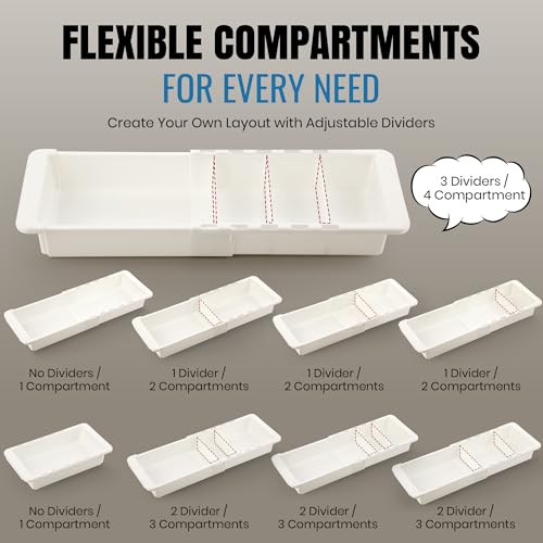 Enhon Expandable Sliding Drawer Organizer for Kitchen Drawers, Deep Drawer Organizer Tray with Adjustable Dividers, Sliding Kitchen Drawers Tray for Utensils, Silverware & Accessories, 11.4”–18”,White