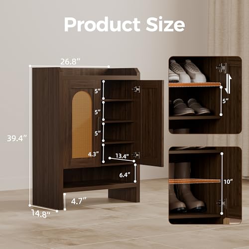 Mericonia 6-Tier Shoe Cabinet Storage for Entryway, Rattan Shoes Organizer Cabinets with Doors, Wooden Shoe Rack, Farmhouse Boho Wood Storage Cabinet (Walnut, 6-Tier) - color: Walnut, size: 6-tier