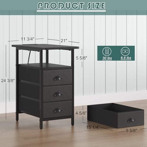 sthmec End Table with Charging Station,LED Side Tables with USB Ports and Outlets,Narrow Nightstands Bedside Tables with 3 Drawers PU Finish for Small Space,Slim Sofa Table for Livingroom,Black - color: Black, size: 11.75'' W*21'' D* 24.3'' H, style: Powe