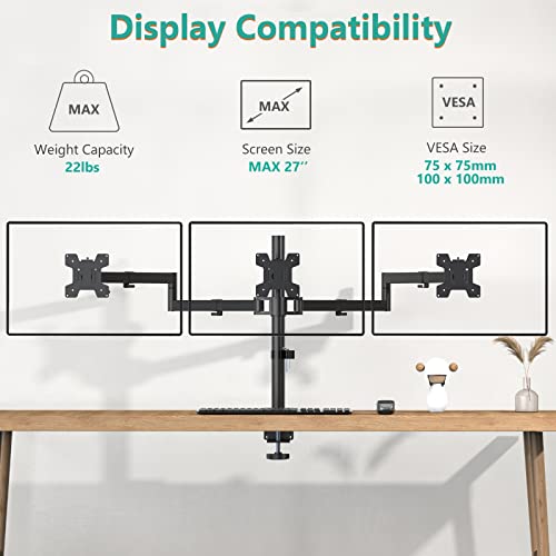 WALI Triple Monitor Mount, 3 Monitor Desk Mount for 13-27 inch Computer Screens, Holds up to 22 lbs, Triple Monitors Stand for Desk, with Tilt, Swivel, Rotation, VESA 75/100mm (M003S), Black - size: Triple, style: C-Clamp