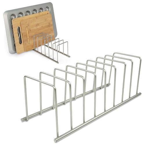Spectrum Euro Kitchen Organizer Metal Dish Rack Cutting Board Holder Stand for Countertop or Inside Cabinet Organization, 8 Slot Cutting Board Plate Drying Rack for Bakeware Storage, Satin Nickel - color: Satin Nickel, size: 1 Count