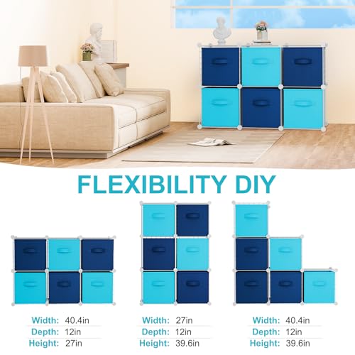 Leinuosen 6 Cube Storage Organizer with 6 Foldable Fabric Storage Bins, Metal Wire Grid Shelves, Stackable Modular Closet Organizer for Bedroom Living Room Office Toys Books(White,Blue) - color: White, Blue, Light Blue