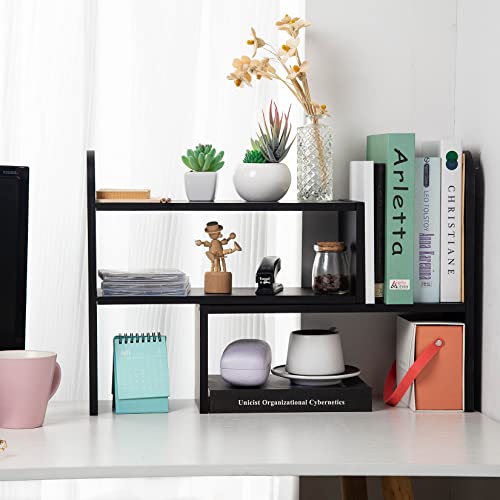 VERGOODR Desktop Adjustable Natural Wood Book Shelf Organizer Office Storage Rack Display Stand Caddy Set Expandable Desk Organizer (Black) - color: Black