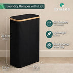 Slim Laundry Hamper with Lid, 60L Narrow Laundry Basket for Small Spaces, Collapsible Clothes Hamper with Bamboo Handles, Removable Inner Bag, Waterproof, Black