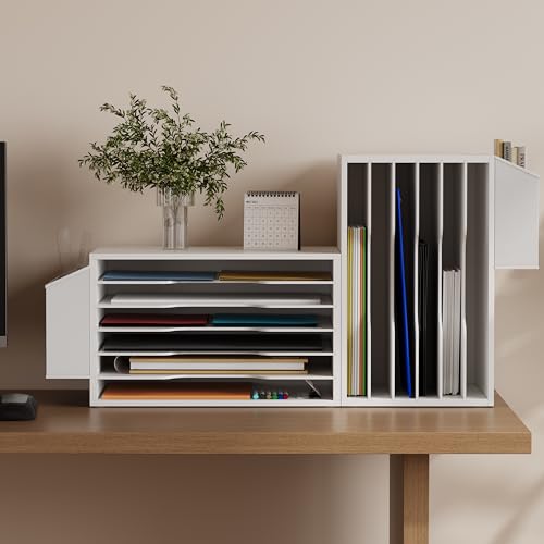 Unionly 12x18 Construction Paper Organizer,6-Tier Adjustable Literature Organizer,Large Wooden File Sorter with Side Pocket,Office Mailbox for Home,Classroom,Office (White, Large 6 Slots) - color: White, size: Large 6 Slots