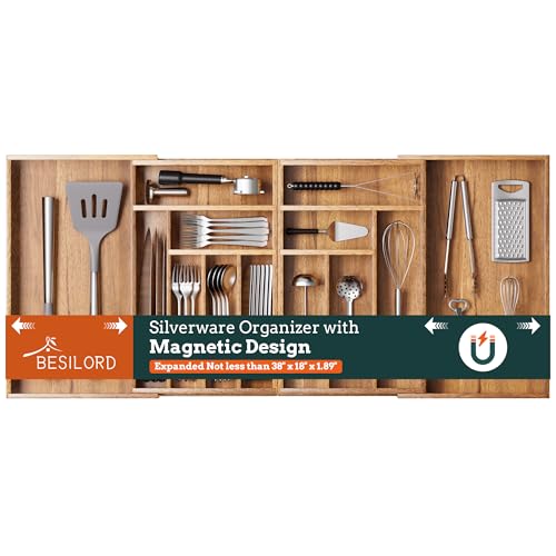 Silverware Organizer Large, Magnetic Connected Expandable 13 Slots Silverware Drawer Organizer From 21 to 37.4 Inches, Adjustable Flatware and Cutlery Holder, Bamboo Utensil Tray for Kitchen Acacia - color: Acacia, size: 13 Slots