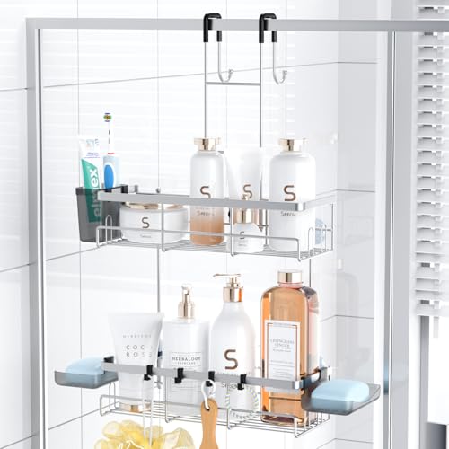 Aitatty Over the Door Hanging Shower Caddy: Rustproof Hanging Organizer over the Door - No Drilling Bathroom Rack for Inside Shower Chrome - color: Chrome