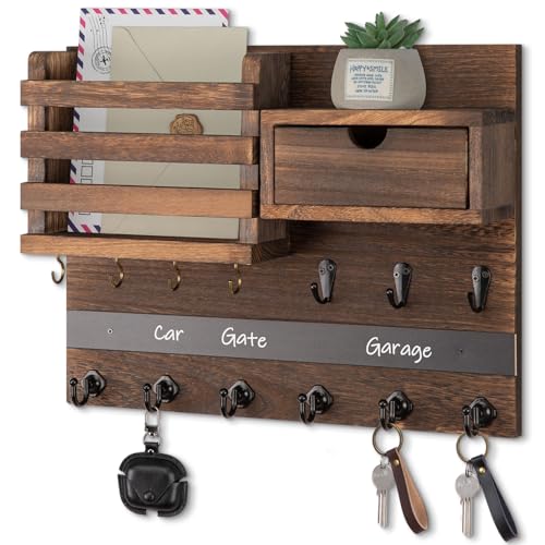 Nekon Key Holder Wall Mount, Rustic Mail and Keys Shelf for Wall Organization with 13 Hooks, Home Decor Accessory with Drawer, Brown - color: Brown