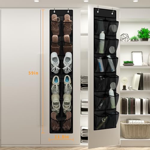 MSLOVE Narrow Over The Door Shoe Organizer, 12 Large Mesh Pockets Hanging Shoe Organizer for Closet Organizers and Storage, Black, 2 Pack - color: Black