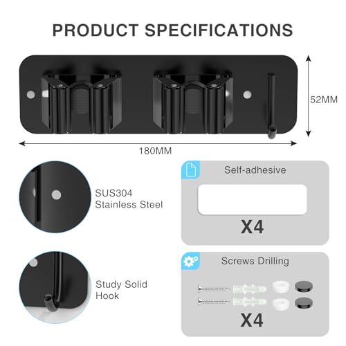 homeasy Wall Mount Mop and Broom Holder, Heavy Duty Stainless Steel Organizer Rack with Hooks | 4-Pack, 2-in-1 No Drill & Screw Installation, Black - color: Black-4