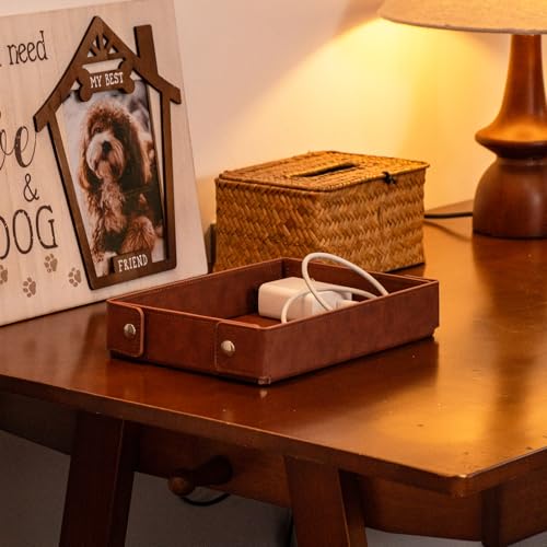 SANQIANWAN PU Leather Valet Tray Small NightStand Bedside Entry Table Trya for Phone Jewelry Glasses Keys and Coins Father's Day Birthday Gifts (Brown) - color: Brown