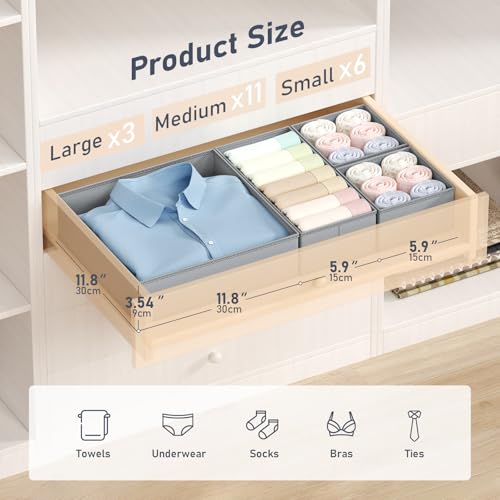 DIMJ Drawer Organizer Clothes - 20 Pack Closet Drawer Organizer Bins for Baby Clothes Storage, Fabric Dresser Organizer for Nursery Bedroom, Foldable Small Drawer Dividers for Underwear Socks - color: Light Gray, size: 20 Pack
