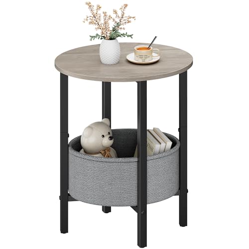 Vagusicc Round Side Table End Table with Storage Basket, Small Side Table Round Nightstand for Small Spaces, Tall Oval End Table with Steel Frame, Coffee Bedside Table for Living Room Bedroom, Greige - color: Greige