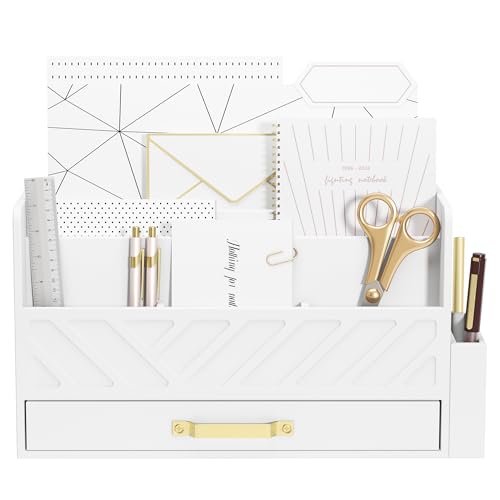 WISUCART Bamboo Desk Organizer Mail Holder Countertop Wood Desk Drawer Tabletop Storage Box Pen Holder Letter Sorter Makeup Organizer for School Home Office Supplies with Pen Holder White - color: White with Pen Holder